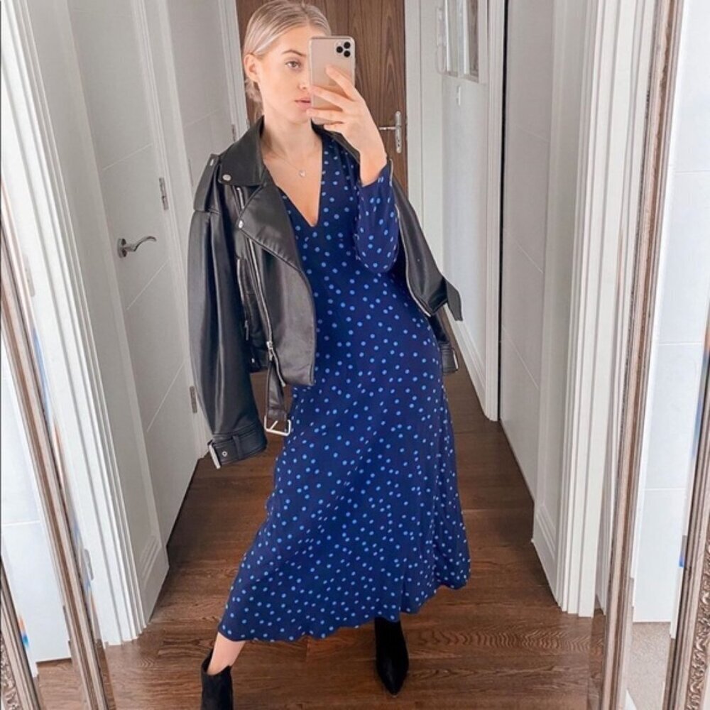 Zara Puff Shoulder Polka Dot Midi Maxi Dress Blue Size Large - Picture 4 of 10